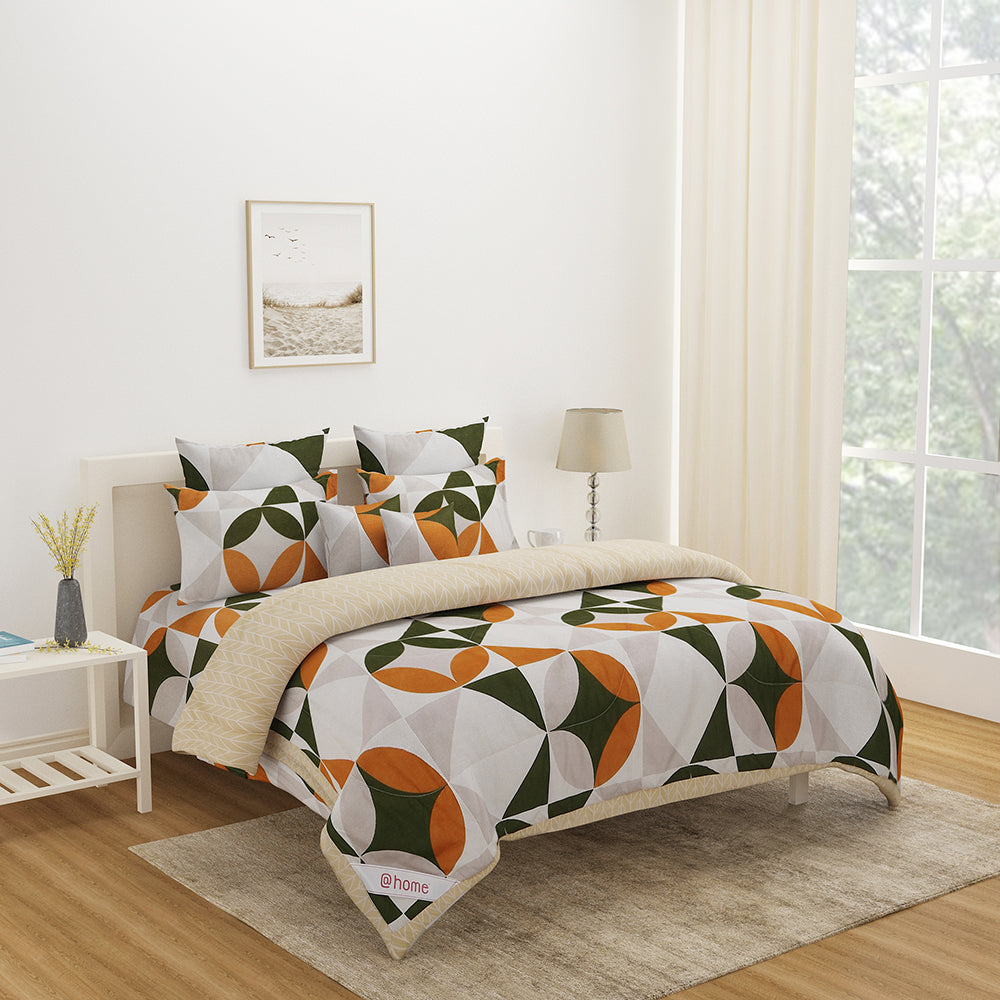 Ammara Geometric Polycotton Single Bedsheet With 1 Pillow Cover (Grey & Green)