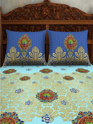Spaces Rangana Ornamental Large Bedsheet With 2 Pillow Covers (Blue)