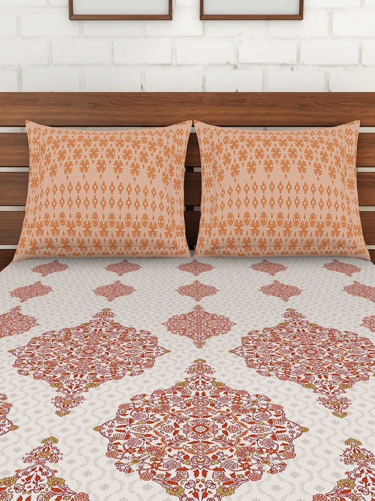 Spaces Reagalis Ornament 1 Double Bedsheet With 2 Pillow Covers (Orange)
