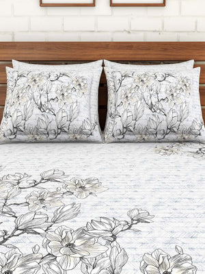 Spaces Jardina Floral Large Bedsheet With 4 Pillow Covers (White)