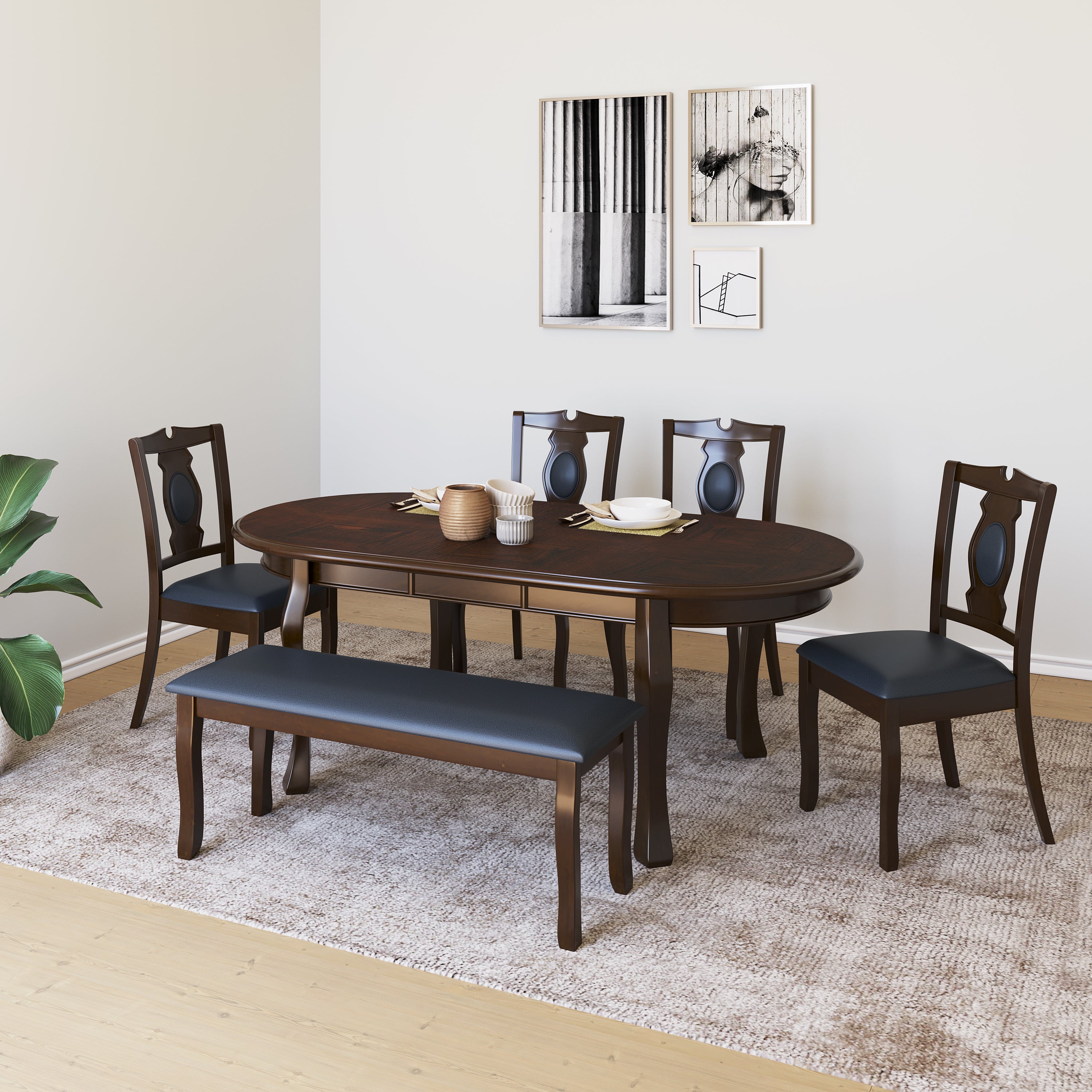 Portsmouth 1+4+Bench Solid Wood Dining Set (Cappucino)