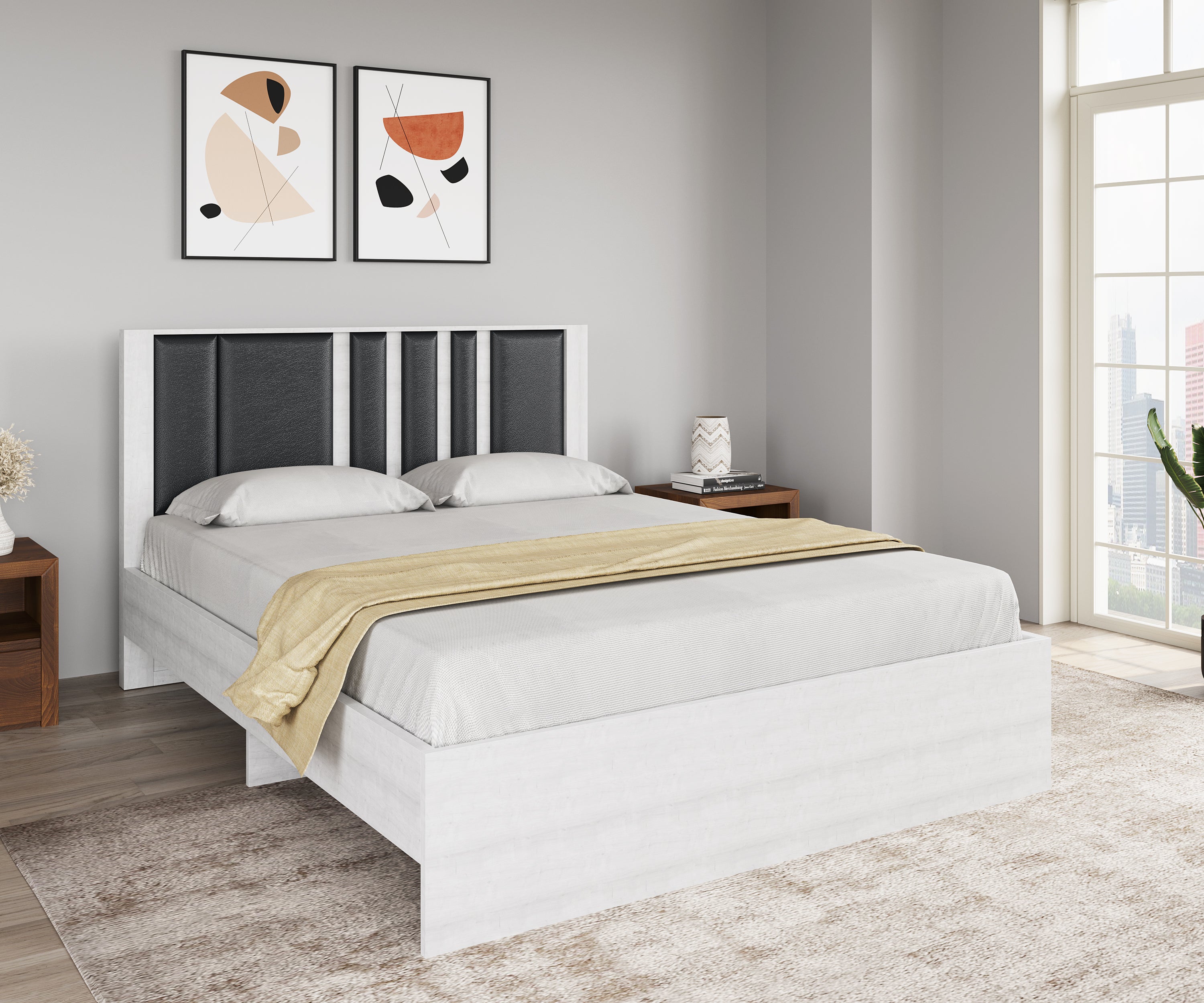 Sterling Upholstered Headboard Queen Bed Without Storage(White & Grey)