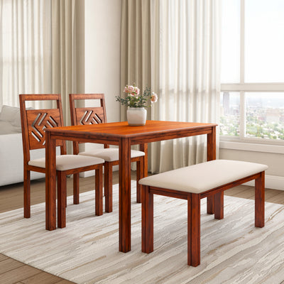 Cera 4 Seater Solid Wood Dining Set With Bench (Honey Brown)