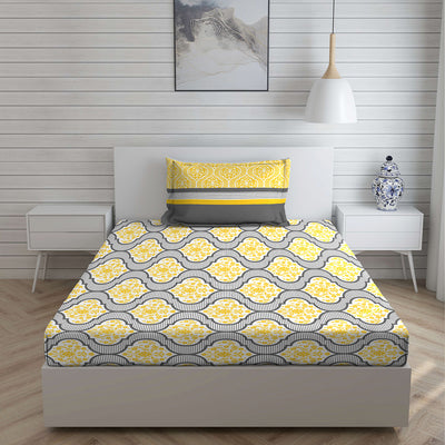 Boutique Living Abstract Cotton Single Bedsheet With 1 Pillow Cover (Grey & Yellow)