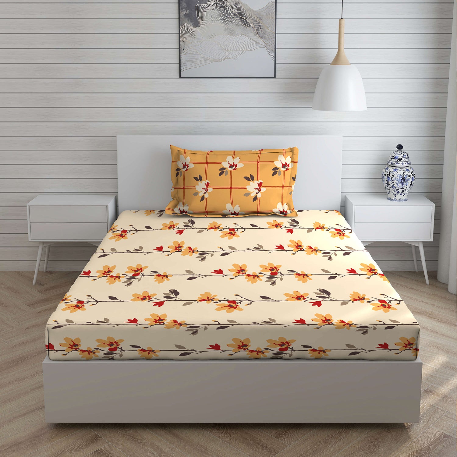 Boutique Living Floral Cotton Single Bedsheet With 1 Pillow Cover (Mustard)