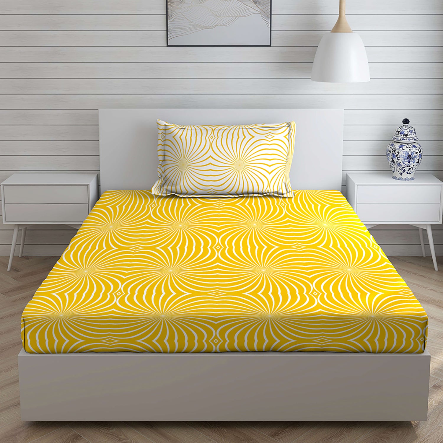 Boutique Living Abstract Cotton Single Bedsheet With 1 Pillow Cover (Yellow)