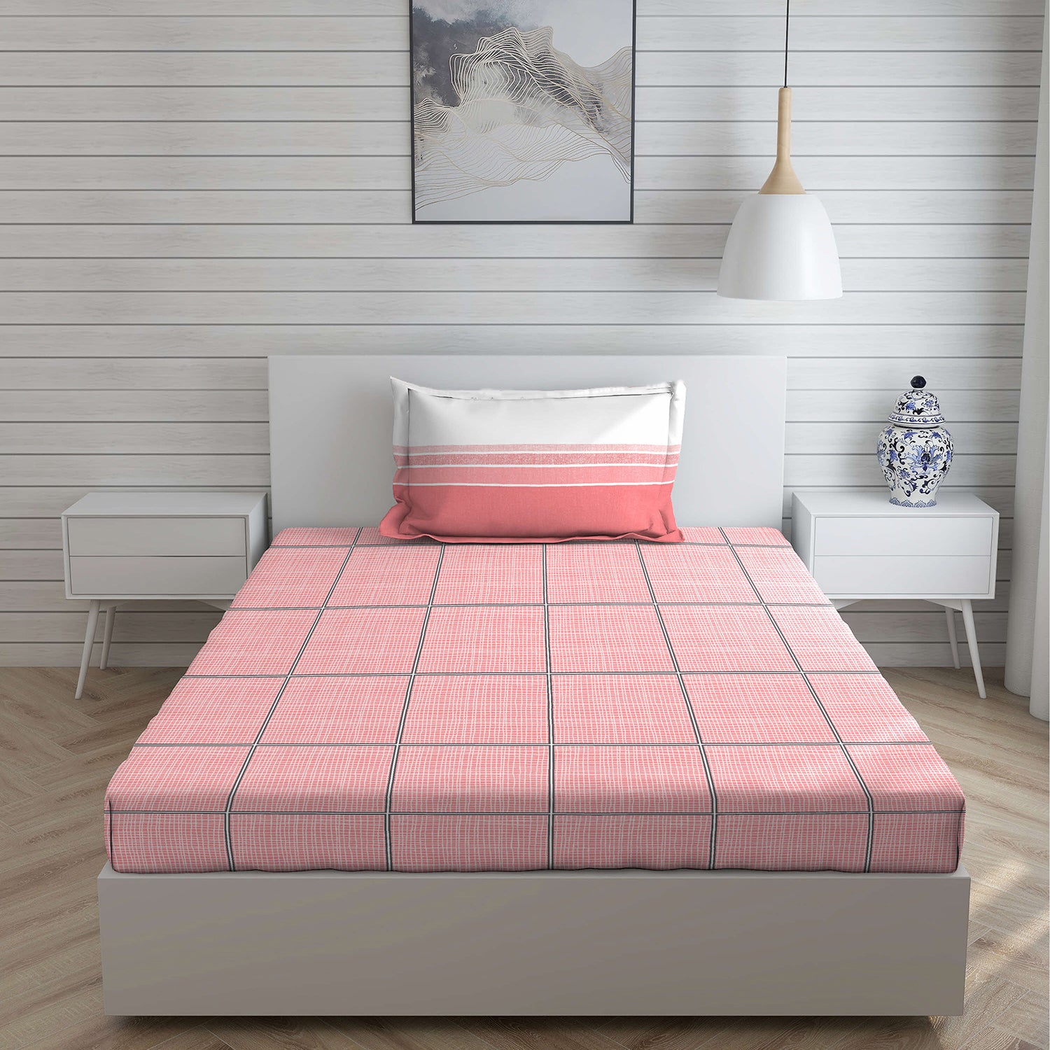 Boutique Living Checkered Cotton Single Bedsheet With 1 Pillow Cover (Pink)