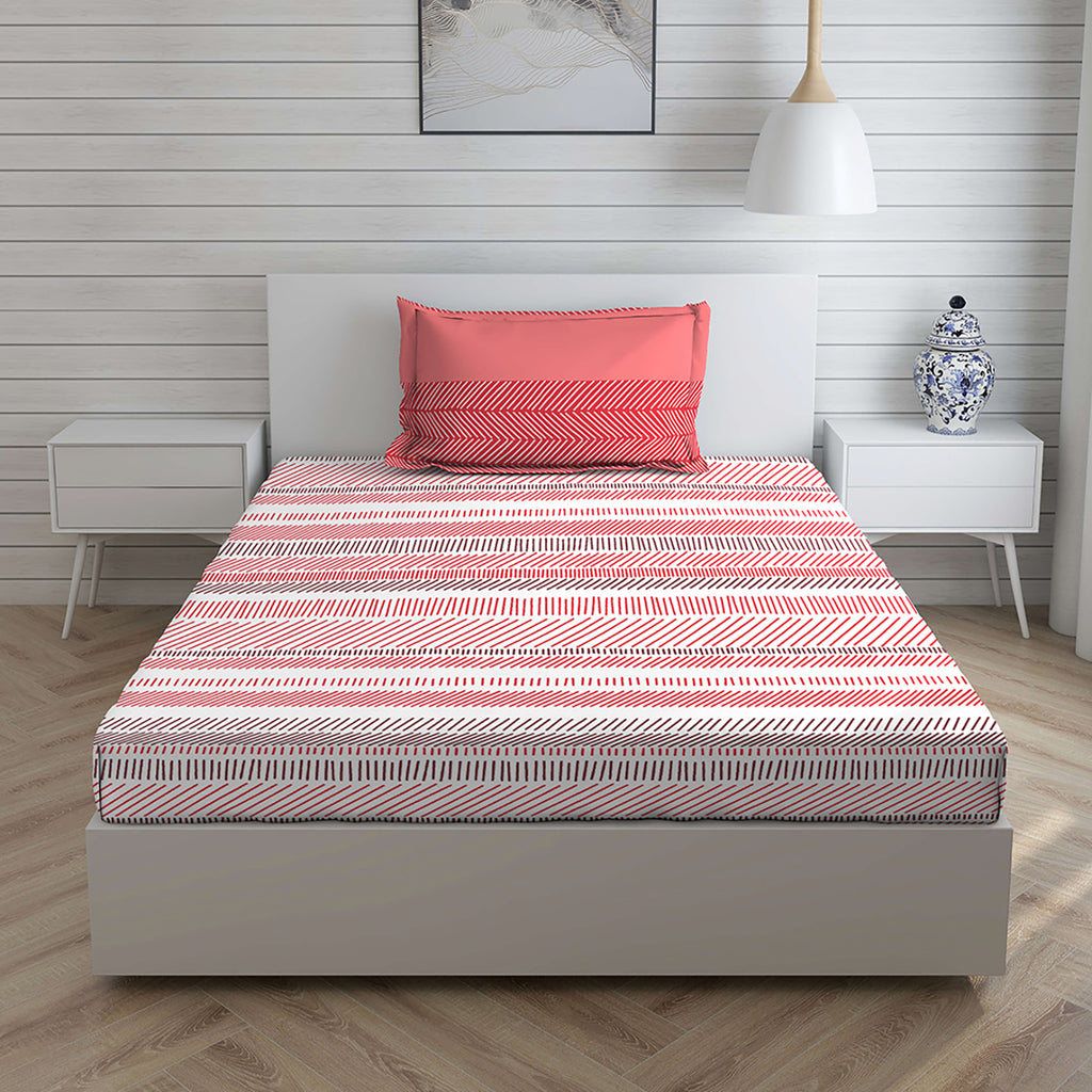 Boutique Living Abstract Cotton Single Bedsheet With 1 Pillow Cover (Coral & Red)