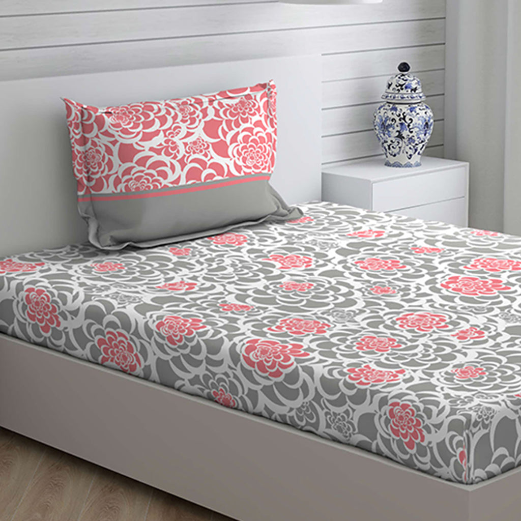 Boutique Living Floral Cotton Single Bedsheet With 1 Pillow Cover (Grey & Pink)
