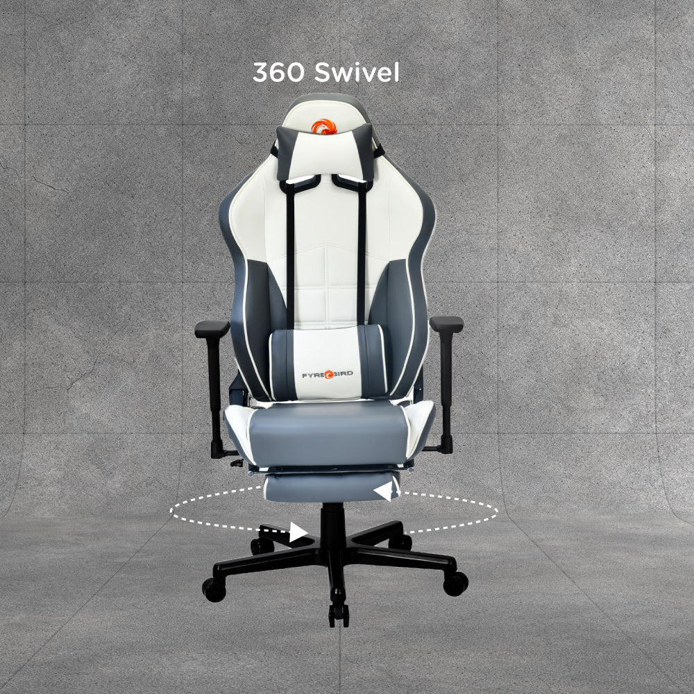 Greta Leatherette Ergonomic Gaming Chair with Neck & Lumbar Pillow (Grey & White)