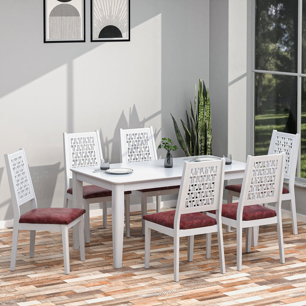 Angelo Solid Wood 6 Seater Dining Set (White)