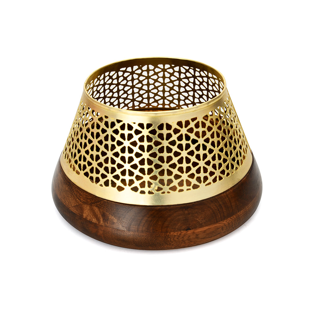 Upper Jali Cutwork Wooden & Metal Bowl (Brown & Gold)