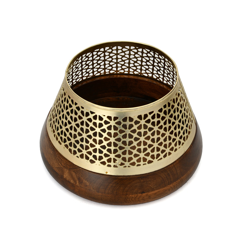 Upper Jali Cutwork Wooden & Metal Bowl (Brown & Gold)