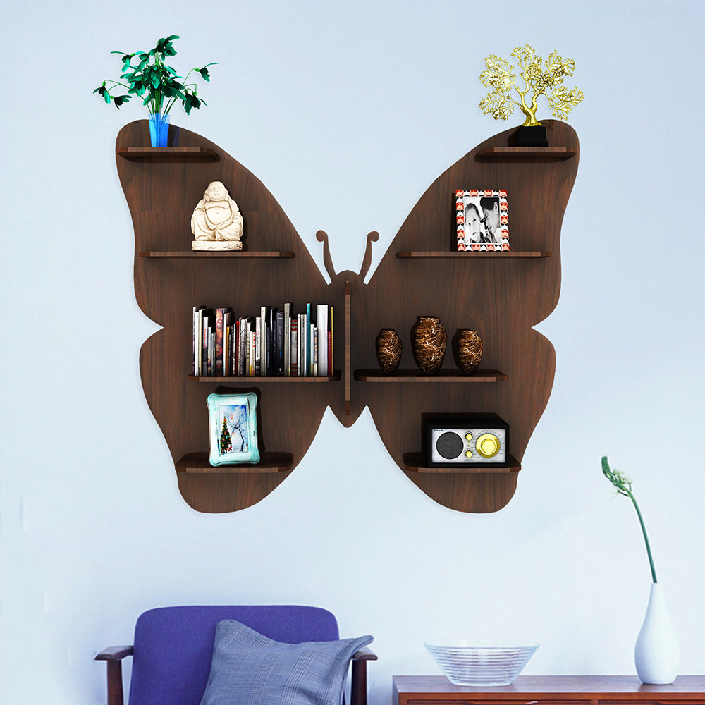 Butterfly Engineered Wood Wall Shelf with Back Light (Walnut)