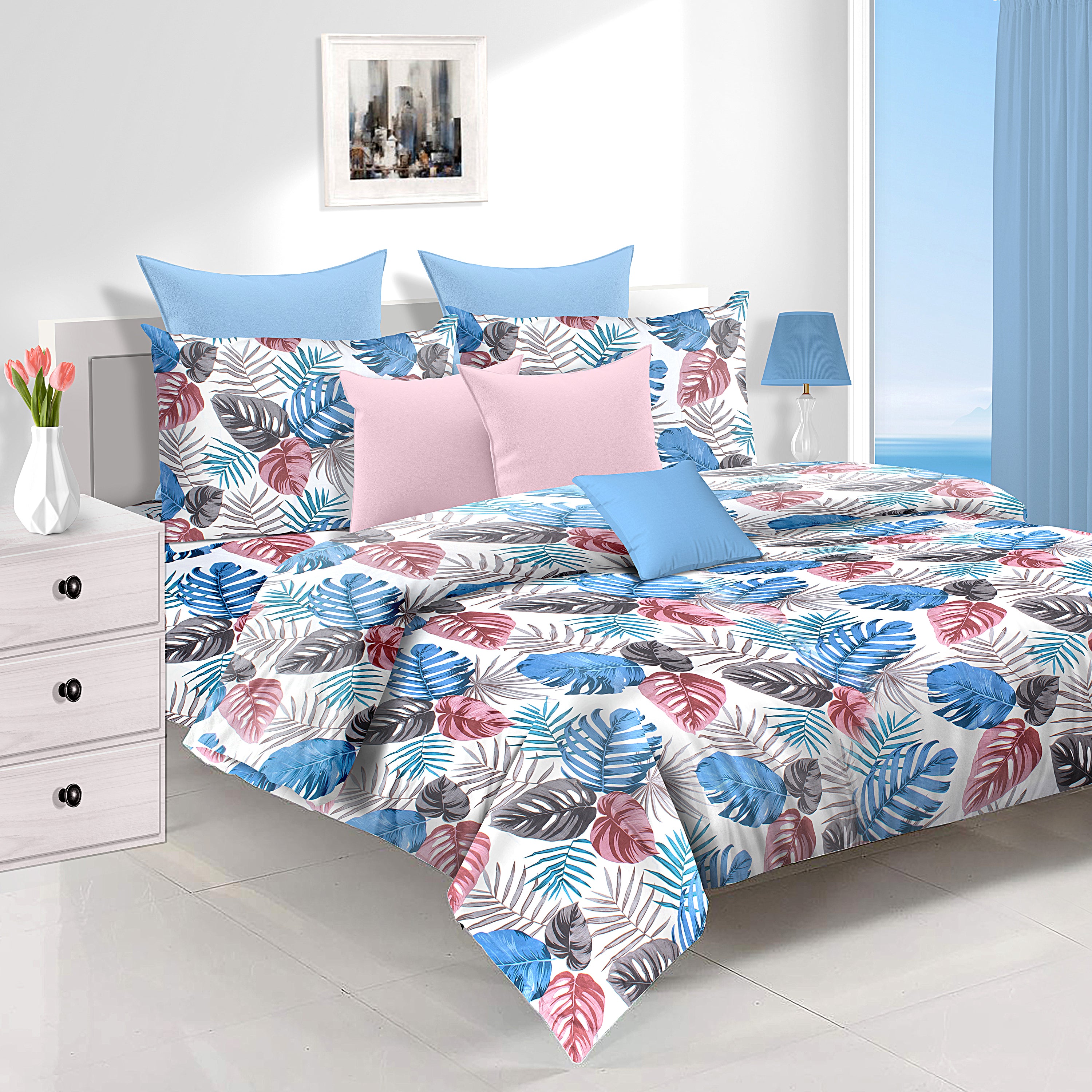 Utopia Foliole Floral Polyester Double Bedsheet With 2 Pillow Covers (Blue)