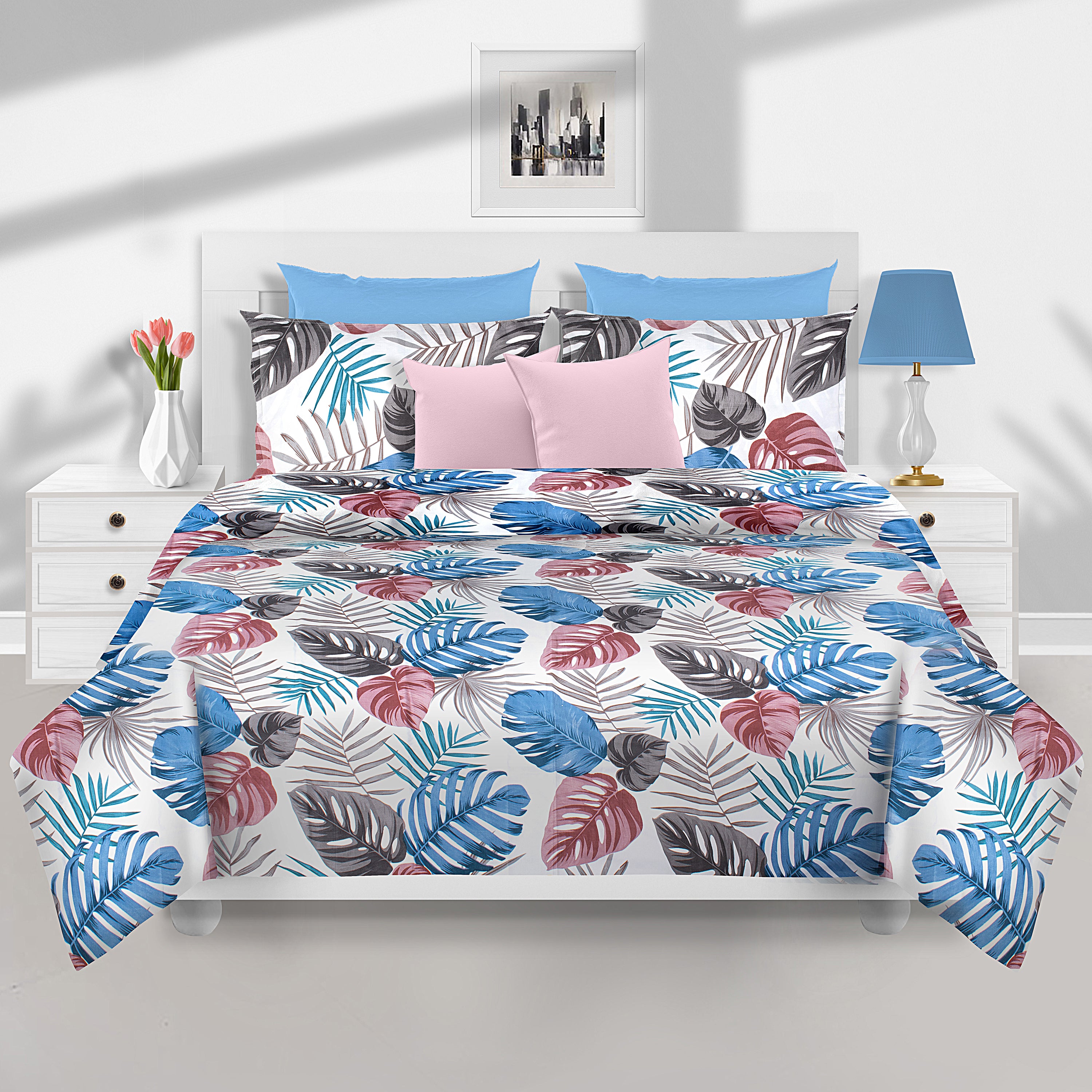 Utopia Foliole Floral Polyester Double Bedsheet With 2 Pillow Covers (Blue)