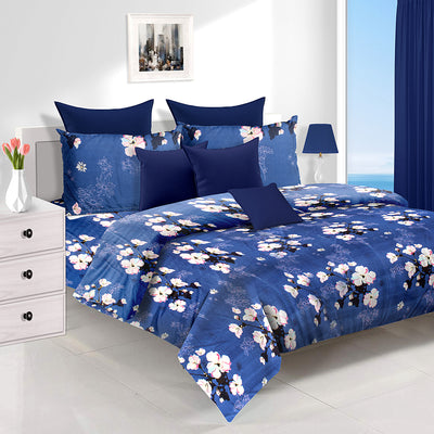 Utopia Floral Polyester Double Bedsheet With 2 Pillow Covers (Blue)