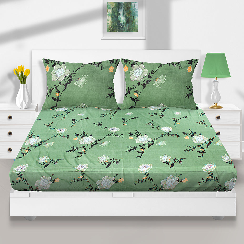 Utopia Desire Floral Polyester Double Bedsheet With 2 Pillow Covers (Green)