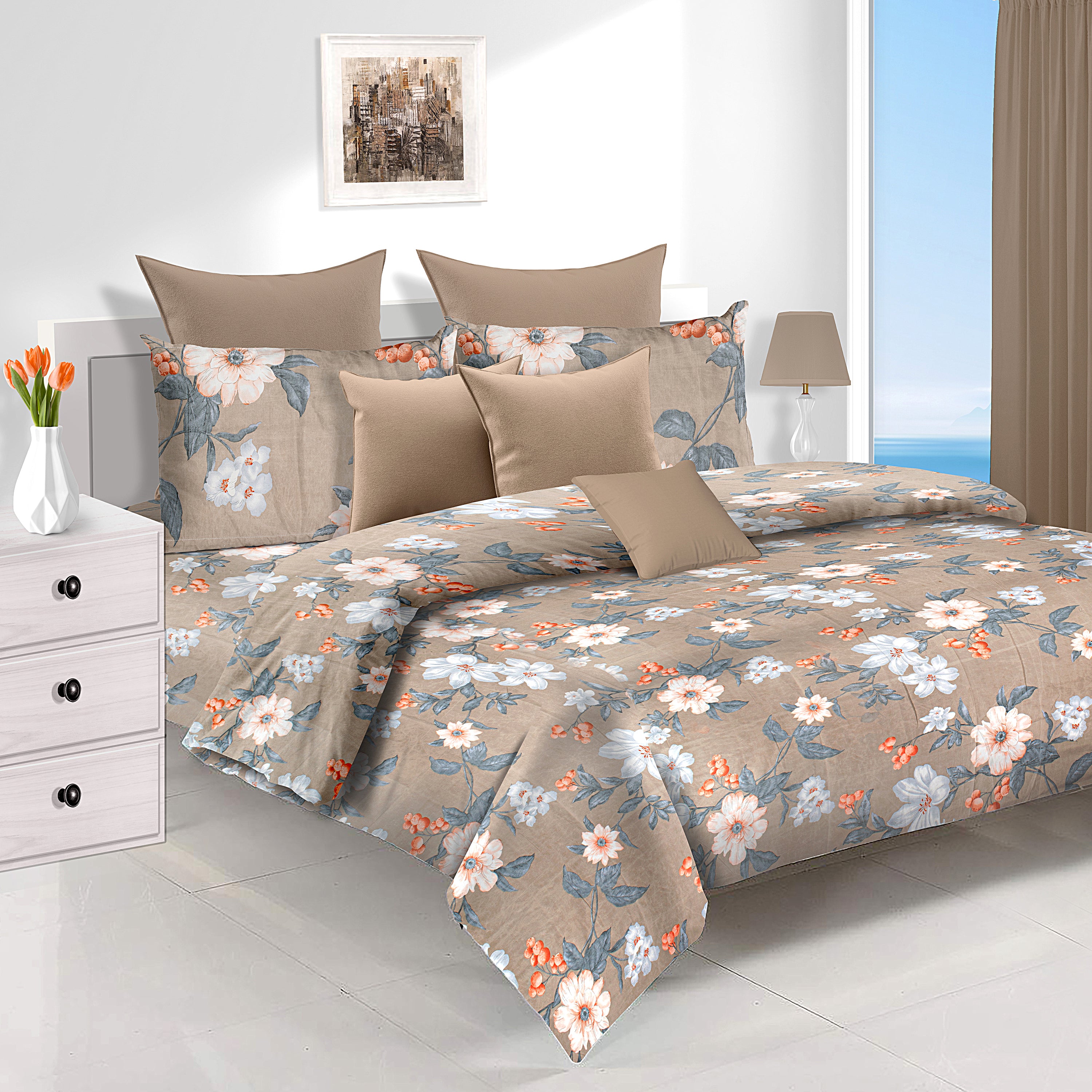 Utopia Floral Polyester Double Bedsheet With 2 Pillow Covers (Grey & Brown)
