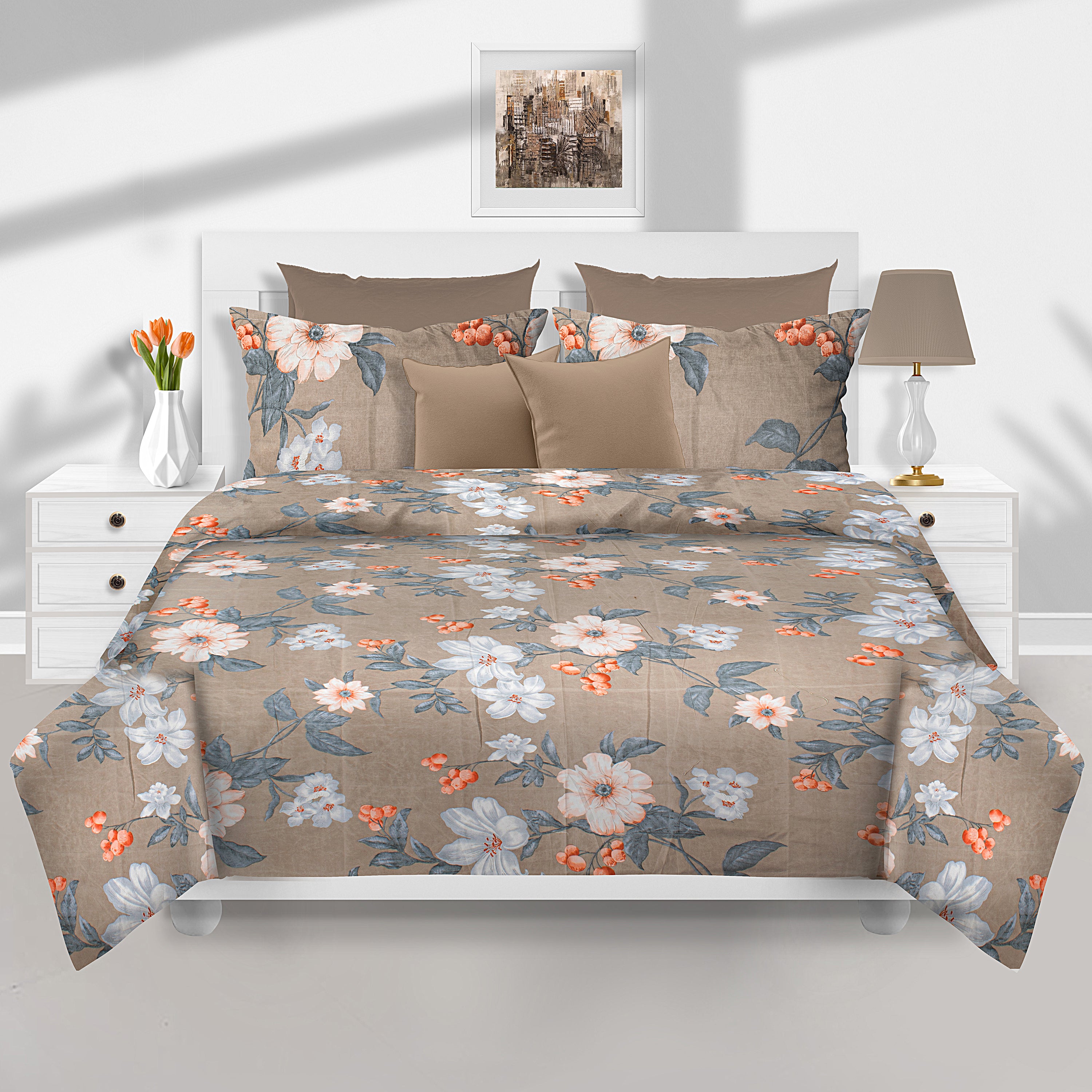 Utopia Floral Polyester Double Bedsheet With 2 Pillow Covers (Grey & Brown)