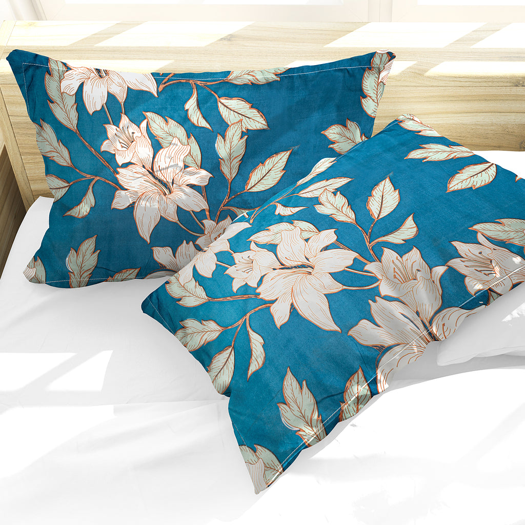Utopia Floral Polyester Double Bedsheet With 2 Pillow Covers (Blue)