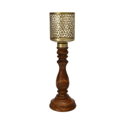 Decorative Wooden & Metal Jali Candle Holder (Brown & Gold)