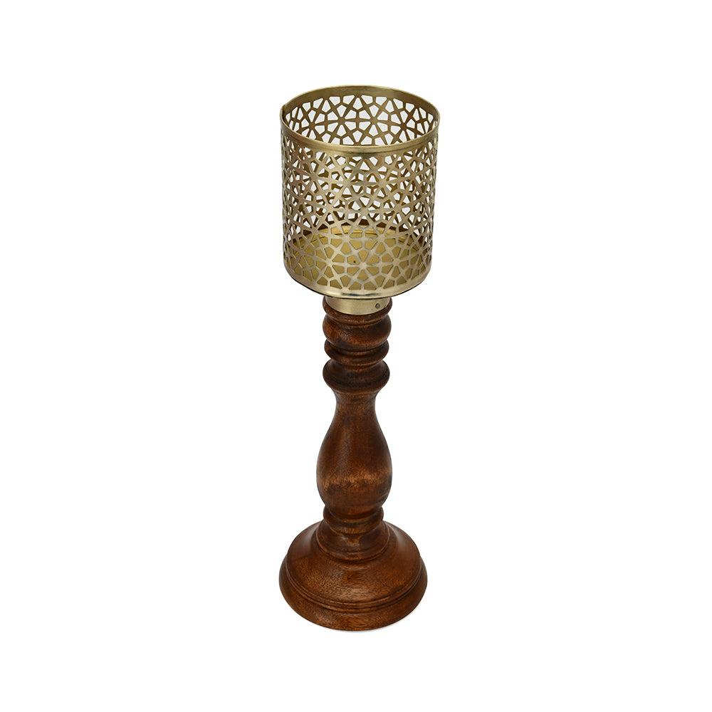Decorative Wooden & Metal Jali Candle Holder (Brown & Gold)