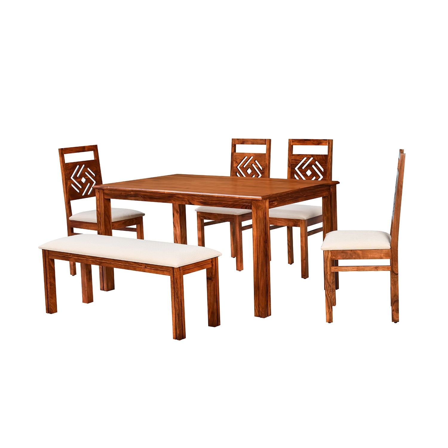 Cera 6 Seater Solid Wood Dining Set With Bench (Honey Brown)