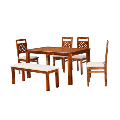 Cera 6 Seater Solid Wood Dining Set With Bench (Honey Brown)