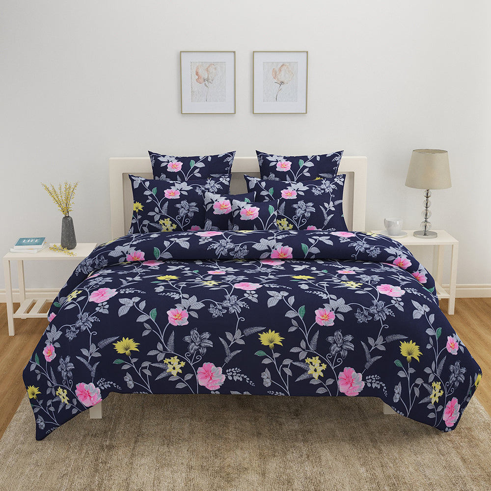 Utopia Foliage Floral Polyester Double Bedsheet With 2 Pillow Covers (Grey)