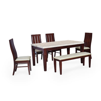 Ashton 6 Seater Solid Wood Dining Set With Bench (Milky White & Walnut)