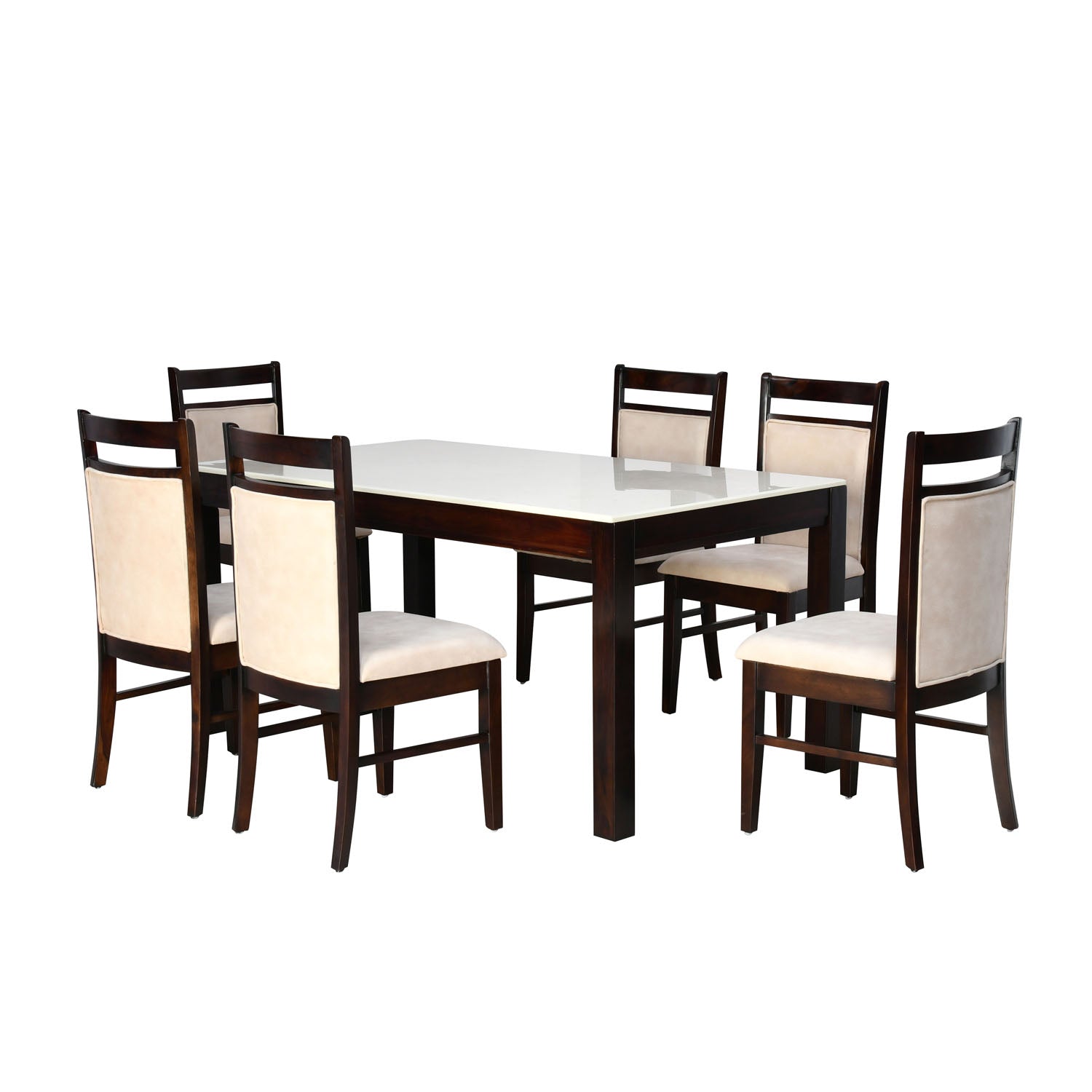 Pedro Ceramic Stone Top Solid Wood 6 Seater Dining Set With Chairs in  Beige Finish
