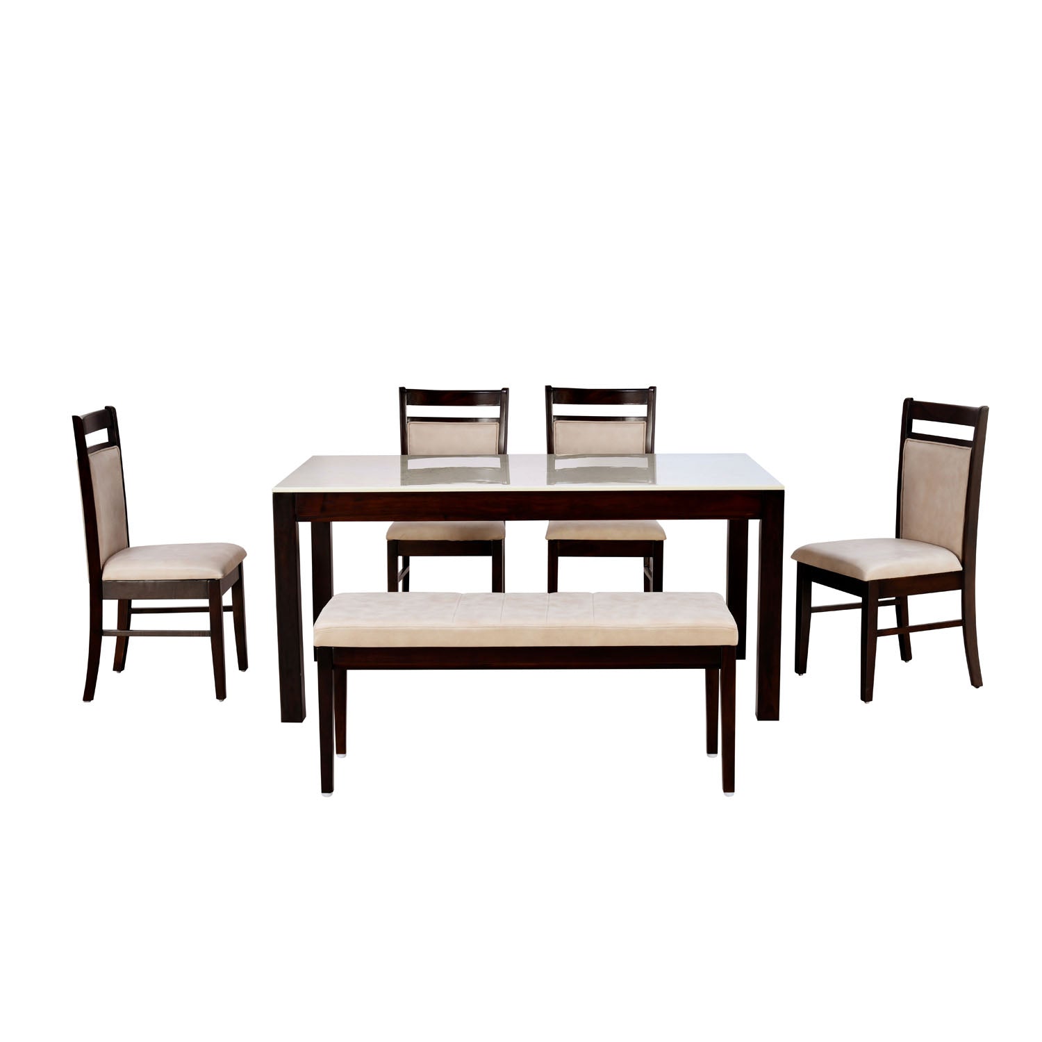 Pedro Ceramic Stone Top Solid Wood 6 Seater  Dining Set With Bench in Beige Finish