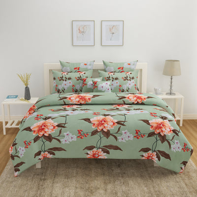 Utopia Floral Polyester Double Bedsheet With 2 Pillow Covers (Green)