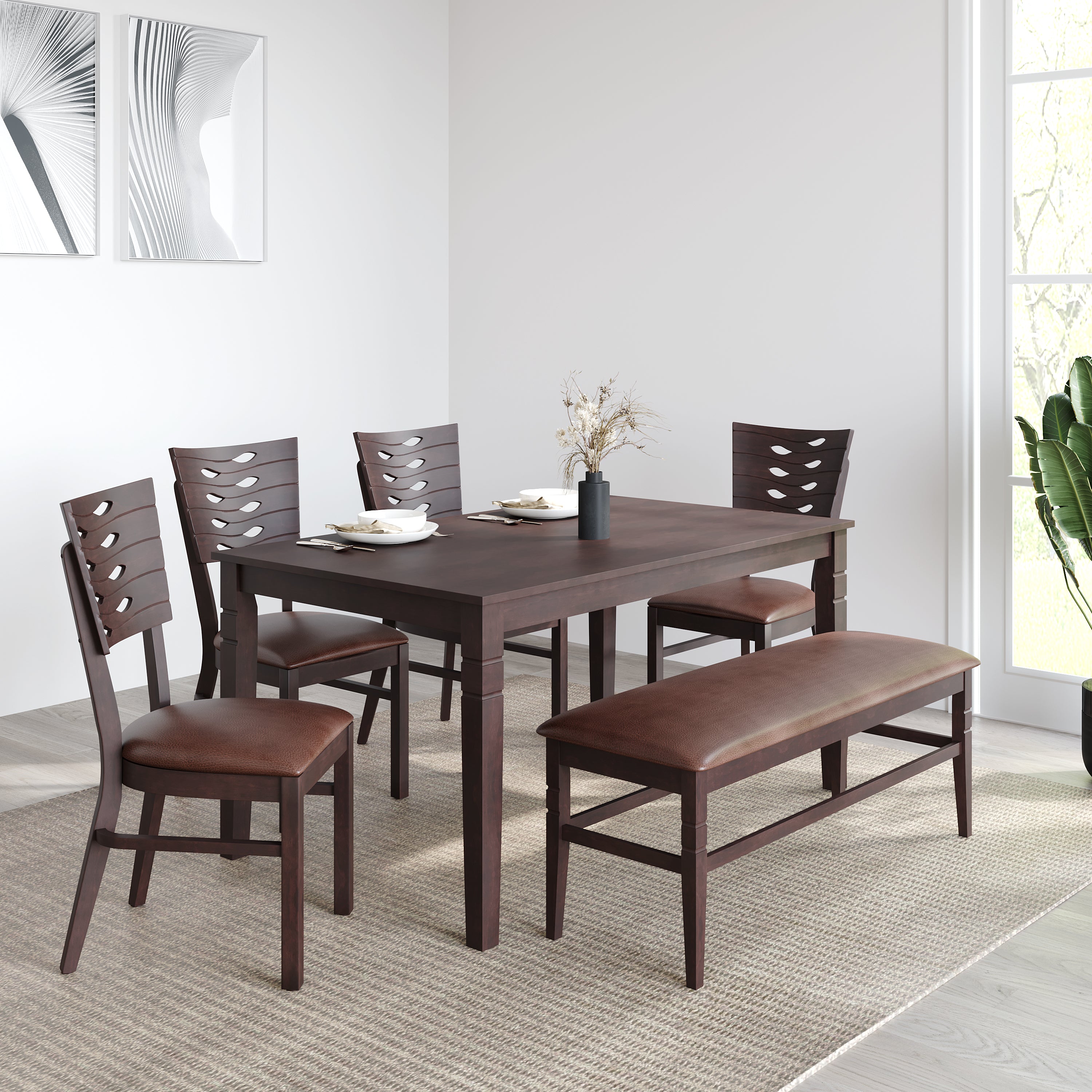 Fern 6 Seater Dining Set With Bench (Erin Brown)