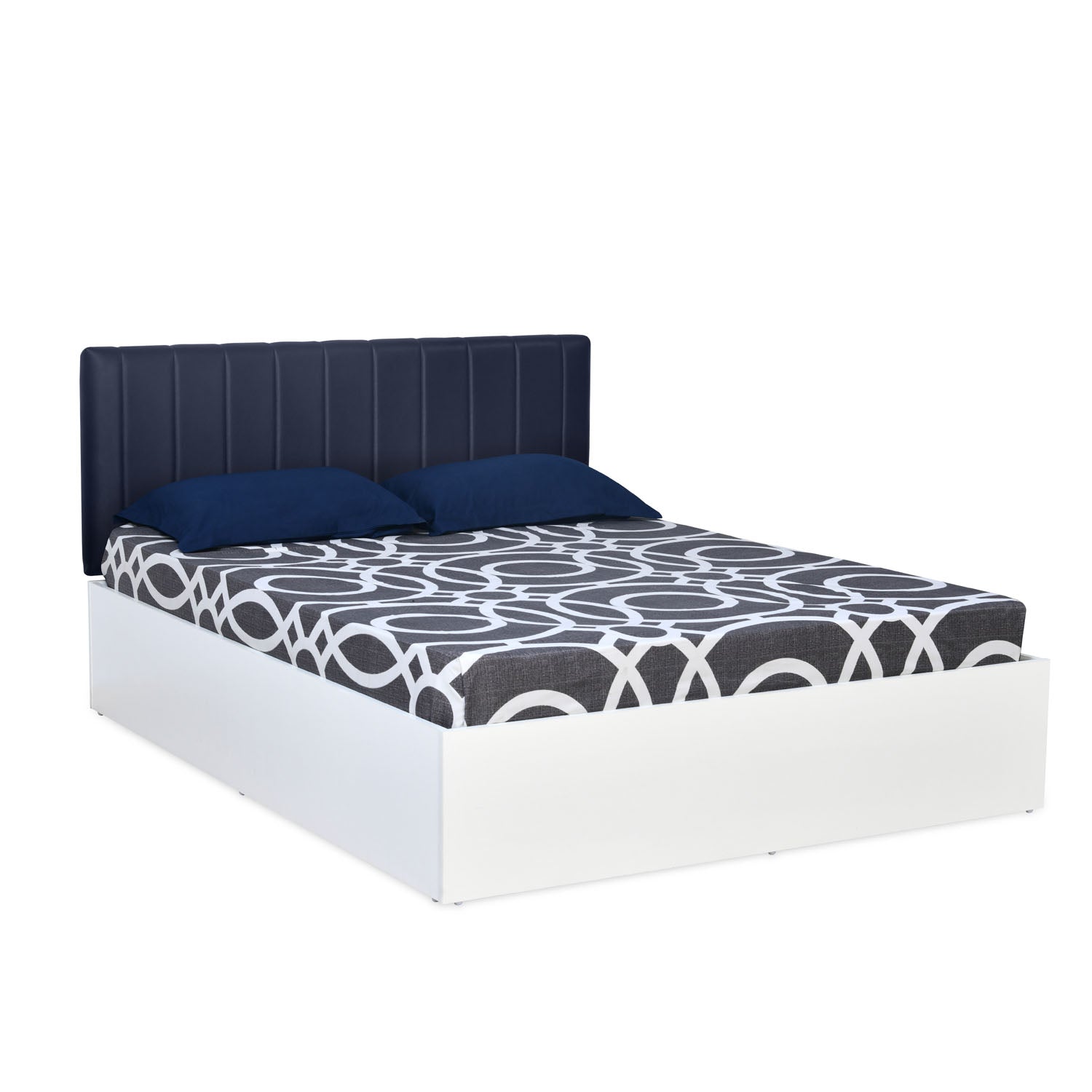 Fusion Queen Bed With Upholstered Headboard & Box Storage (Grey & White)