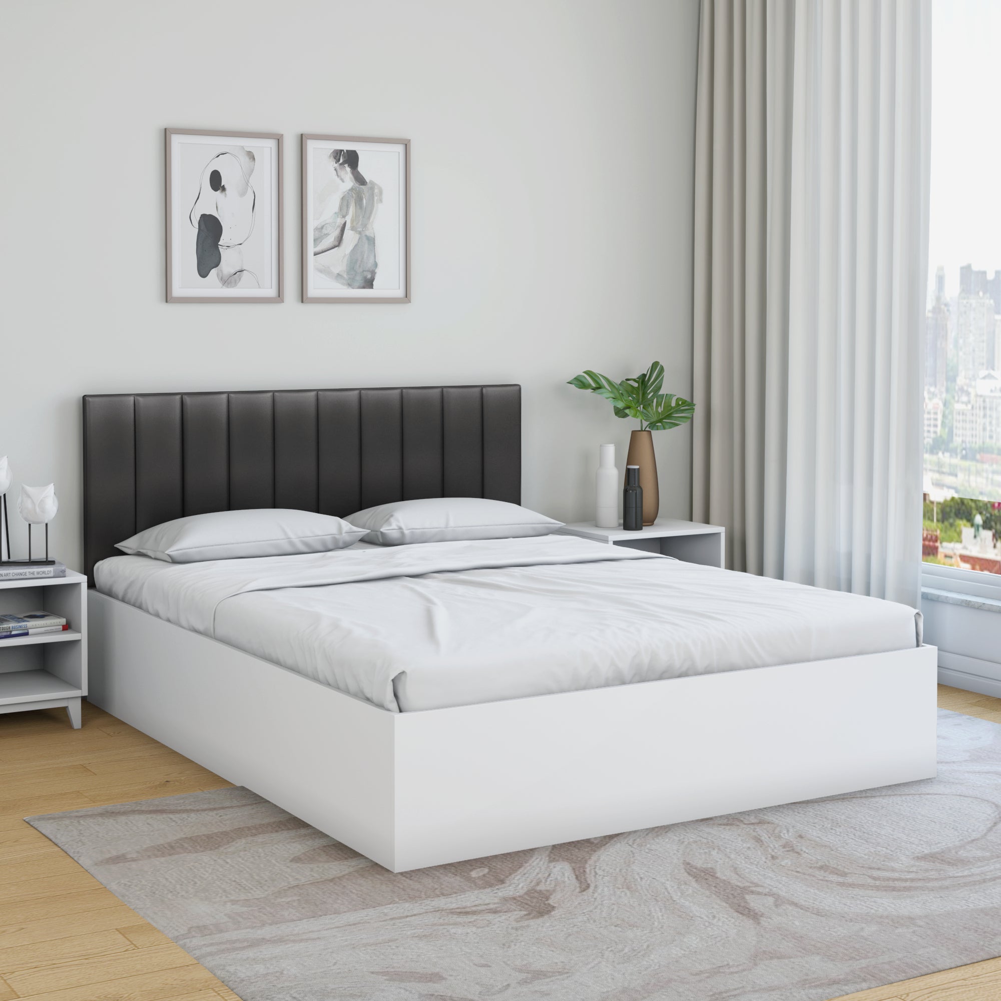 Fusion Queen Bed With Upholstered Headboard & Box Storage (Grey & White)