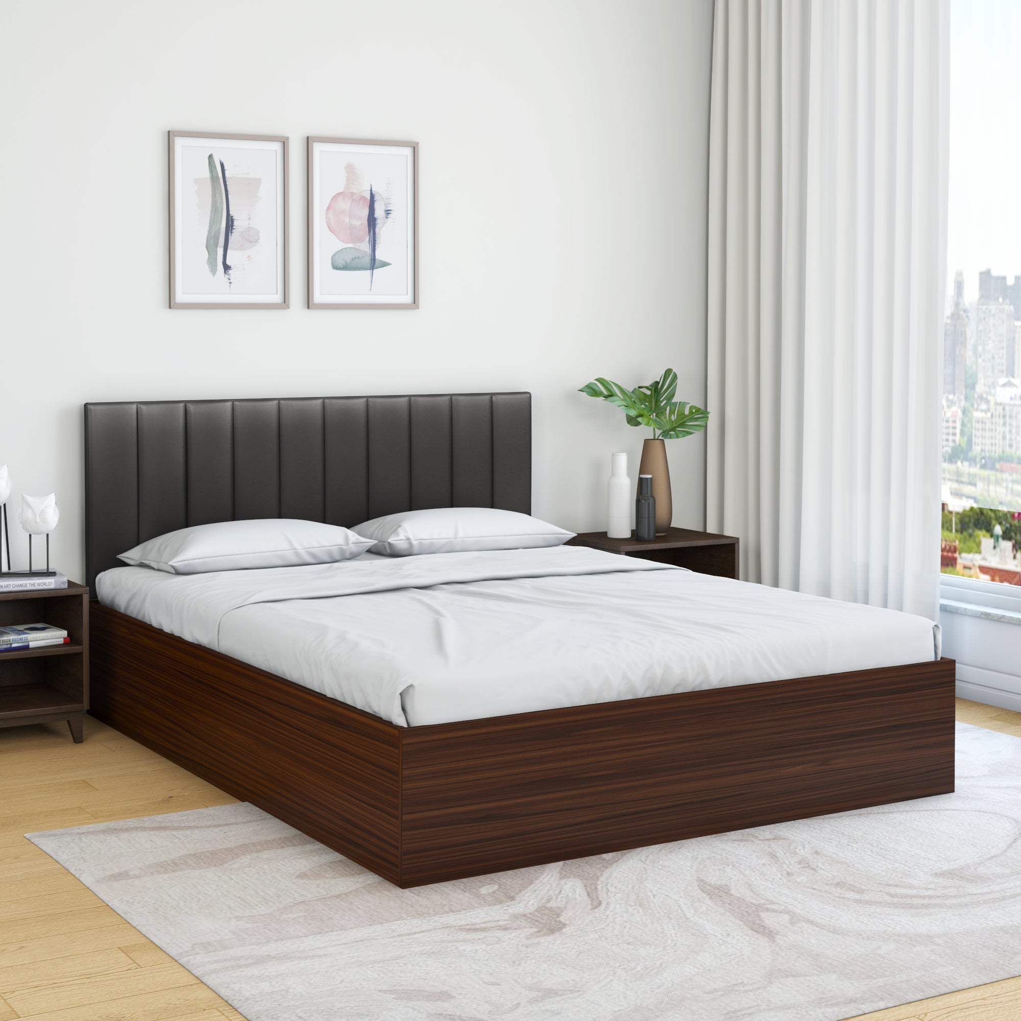 Fusion Upholstered Wall Mounted Headboard Engineered Wood King Bed with Box Storage (Grey & Walnut)