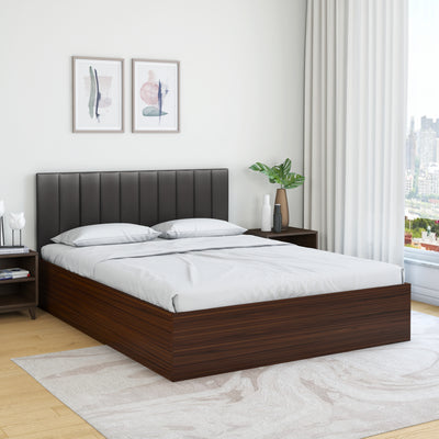 Fusion Upholstered Wall Mounted Headboard Engineered Wood King Bed with Box Storage (Grey & Walnut)