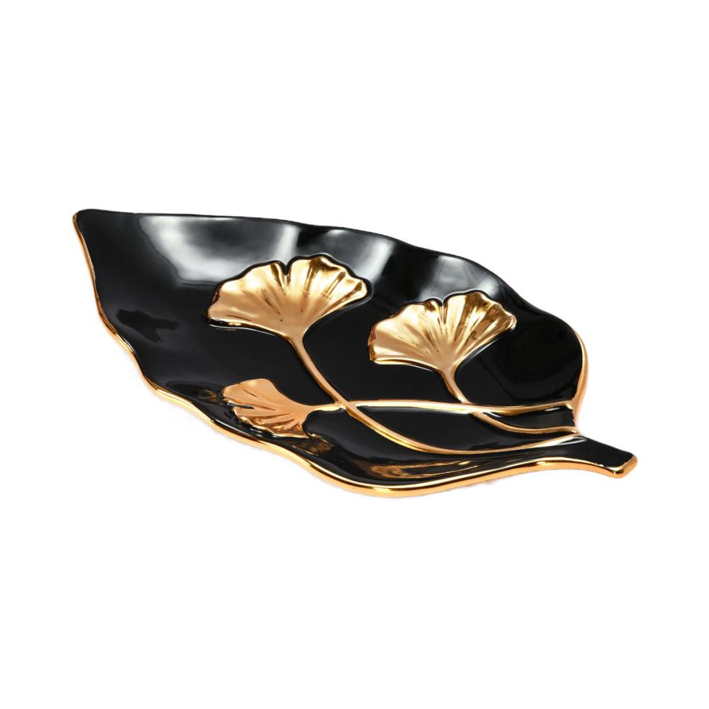 Decorative Gingko Ceramic Leaf Platter (Black & Gold)