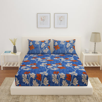 Utopia Cosmos Floral Polyester Double Bedsheet With 2 Pillow Covers (Blue)