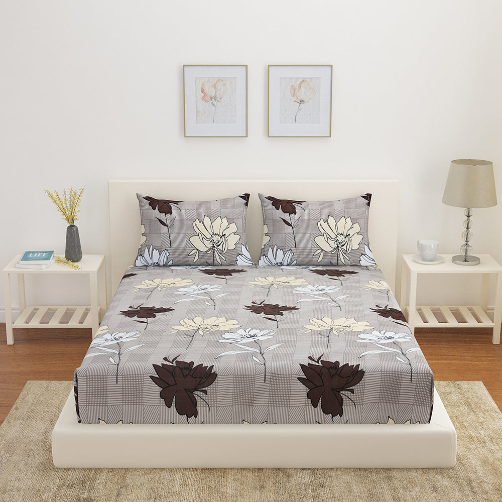 Utopia Marvella Floral Polyester Double Bedsheet With 2 Pillow Covers (Grey)
