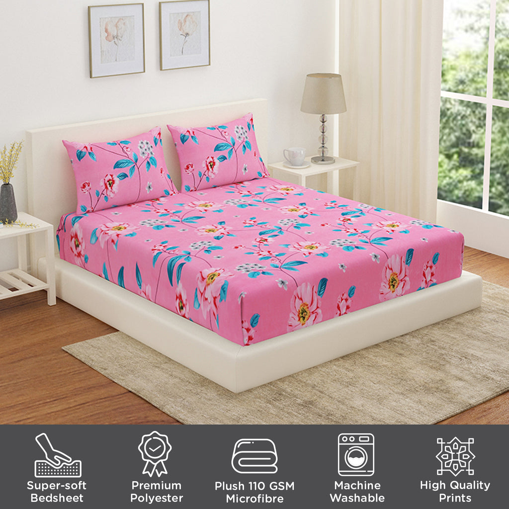 Utopia Bloom Floral Polyester Double Bedsheet With 2 Pillow Covers (Pink)