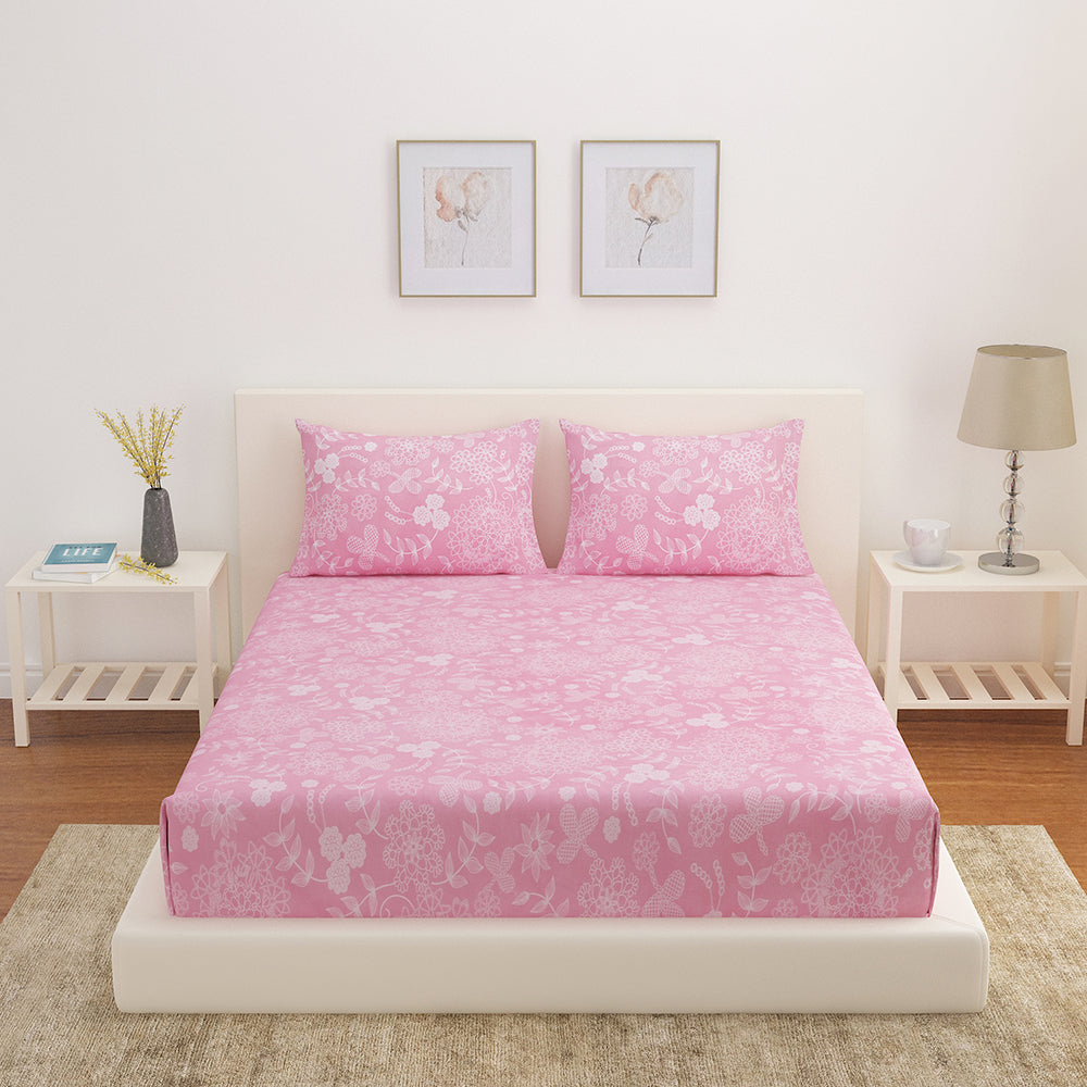 Aurora Elegance Floral Polyester Fitted Double Bedsheet (Pink)
