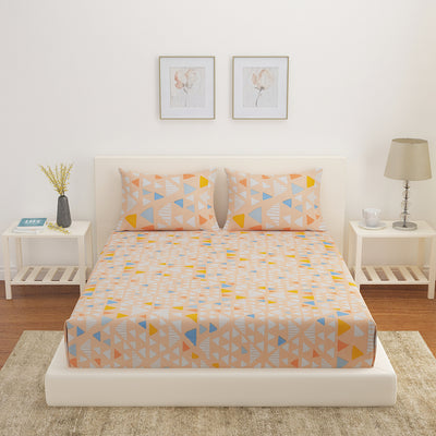 Aurora Eden Geometric Polyester Fitted Double Bedsheet (Yellow)