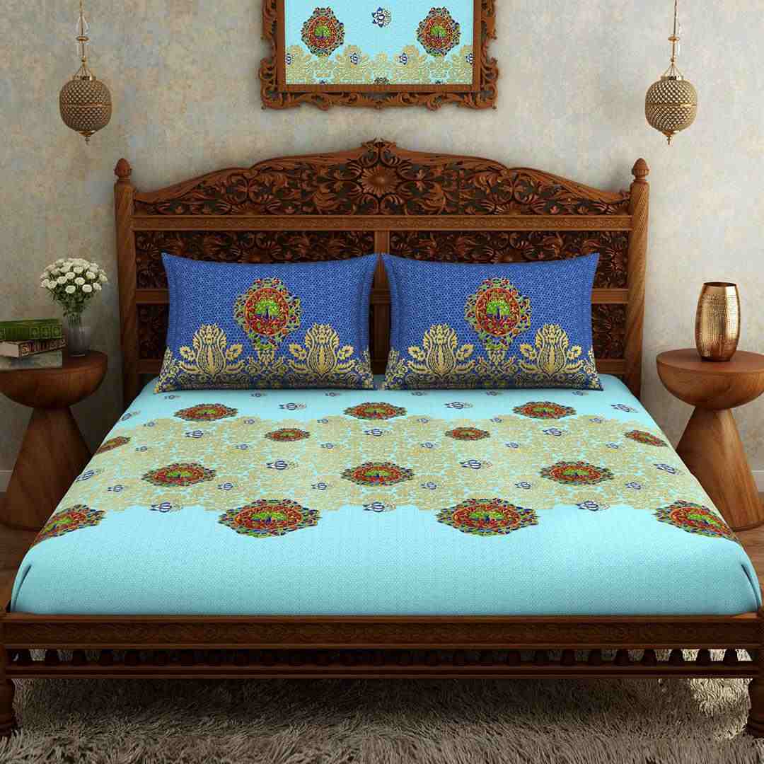 Spaces Rangana Ornamental Large Bedsheet With 2 Pillow Covers (Blue)