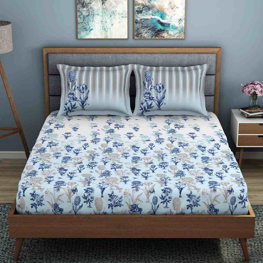 Spaces Occasions 210 TC 100% Cotton Large Bed Sheet With 2 Pillow Covers (Blue)