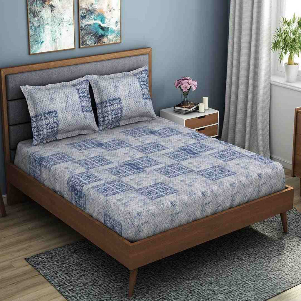 Spaces Esential 144 TC 100% Cotton Large Bedsheet With 2 Pillow Covers (Blue)