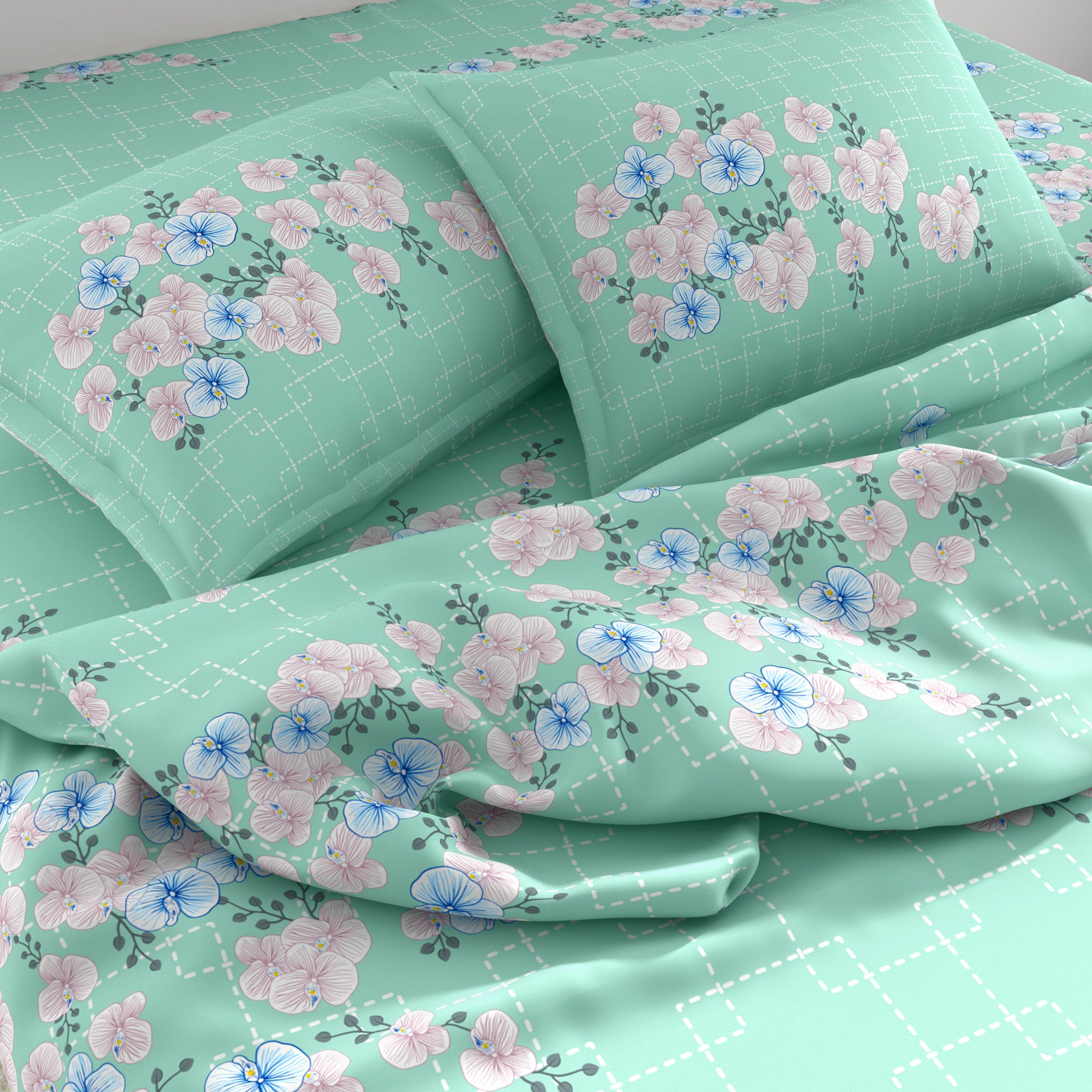 Spaces Artenova Cotton Large Bedsheet With 2 Pillow Covers 210 TC (Mint)