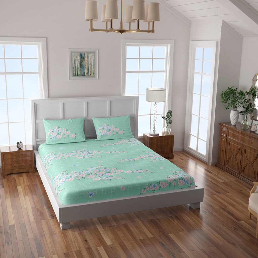 Spaces Artenova Cotton Large Bedsheet With 2 Pillow Covers 210 TC (Mint)